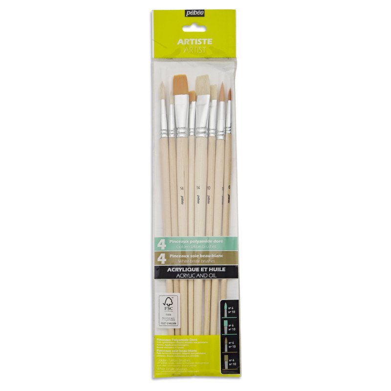 Pebeo pinceles BOLSA 8 MANGO LARGO POLI B + SBB – POLIAMIDA DORADA REDONDO , PLAT. CERDAS “BEAU BLANC” REDONDAS 952406