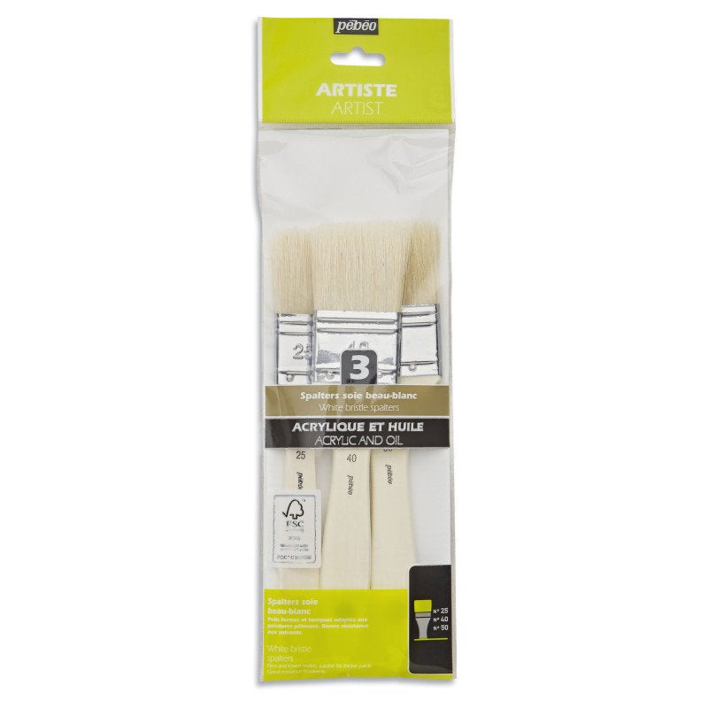 Pebeo pinceles BOLSA 3 PALETINAS PLANAS N°25, 40, 50 – CERDAS “BEAU BLANC” – 100% MADERA FSC 952501