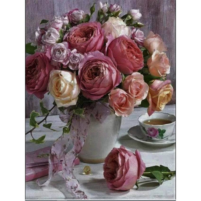 Diamond painting Jarron de rosas con lienzo enrrollable 50x40cm CHOPO CENTROARTESANO