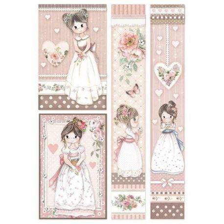 Stamperia papel arroz A4 DFSA4452 LIttle girl cuadrados STAMPERIA CENTROARTESANO