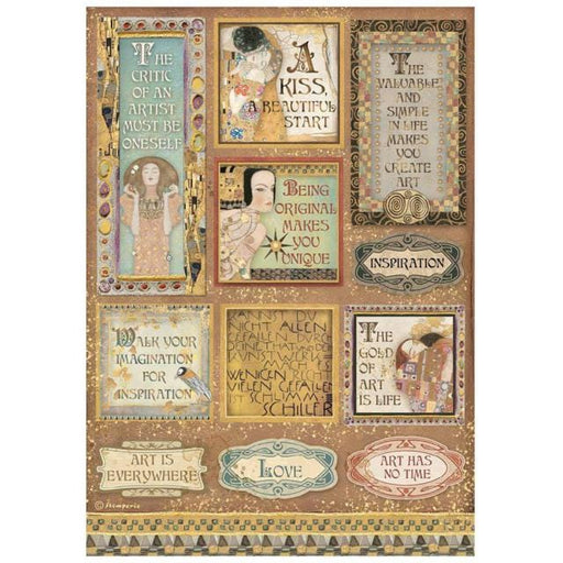 Stamperia papel arroz A4 DFSA4641 Klimt frases y tarjetas STAMPERIA CENTROARTESANO