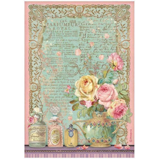 Stamperia papel arroz A4 DFSA4735 Rose parfum perfumeros STAMPERIA CENTROARTESANO